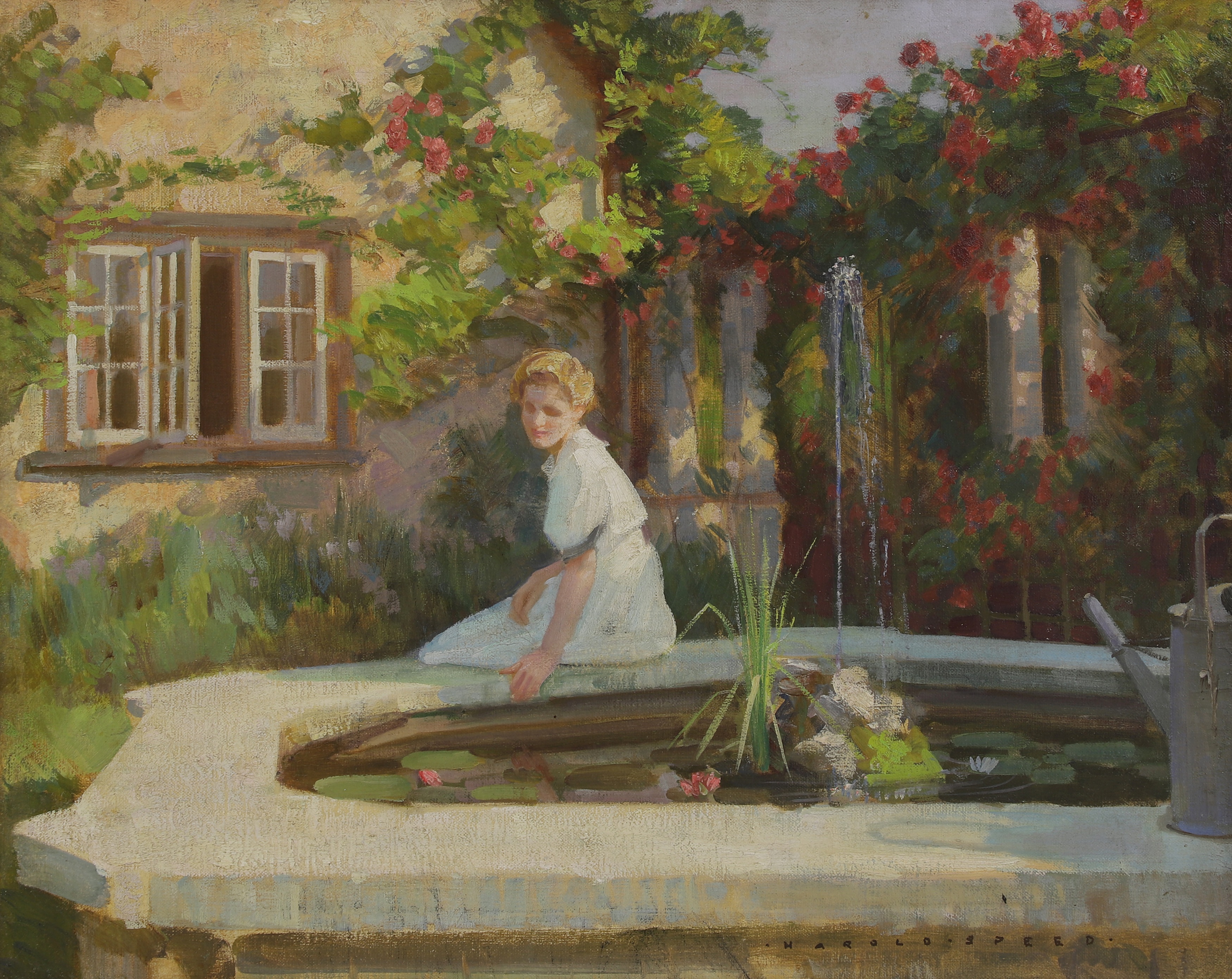 Harold Speed (1872-1957) A woman sitting by a fountain in a cottage garden, signed 'HAROLD SPEED' l.r., oil on canvas, 51 x 63cm (£600-800)